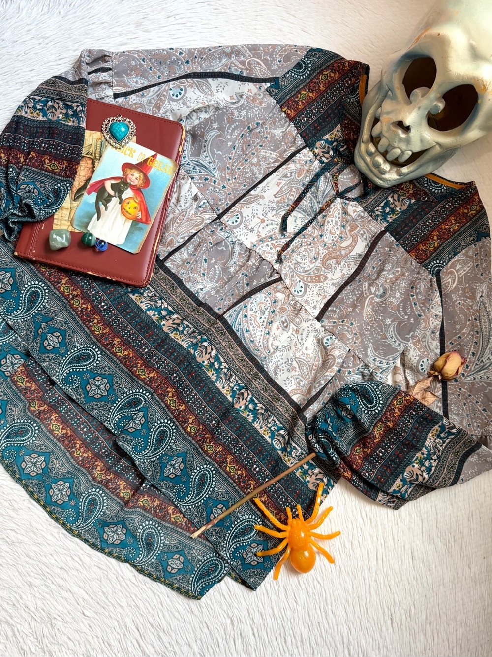 Knox Rose Teal and Cream Paisley print boho Tunic blouse - Picture 14 of 17